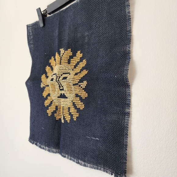Hand Embroidered Artistic Sun Face Tapestry in Dark Blue and Gold - Picture 2 of 4